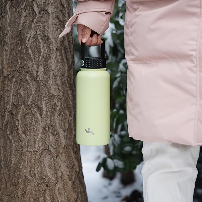 18 oz Insulated Water Bottle Stainless Steel Sport Bottles with 3 Lids,Macaron Green-FlexoryFit