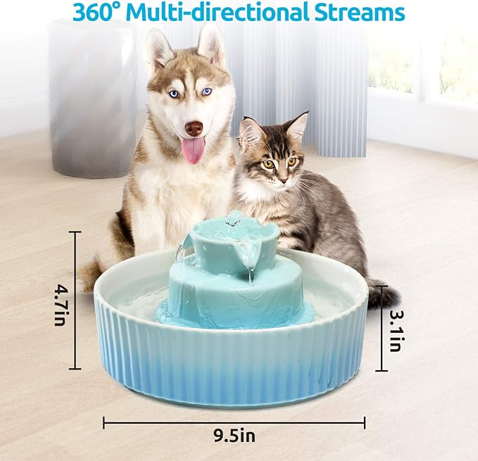 2.1L Ceramic Cat Water Fountain-for Cats and Dogs, 360 Ceramic Pet Fountain-70 Oz Large Water Capacity - Whisper-Quiet Water Flow-Great for Shy or Timid Pets - Fresh, Filtered Water (Blue)
