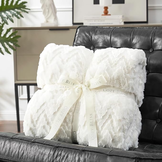 Cozy Bliss Faux Fur Throw Blanket for Couch - Ultra Soft Fuzzy Cozy Throw Gift Blankets for Women,Cream White Boho Blanket for Sofa Bedroom Living Room.60 * 80 Inches