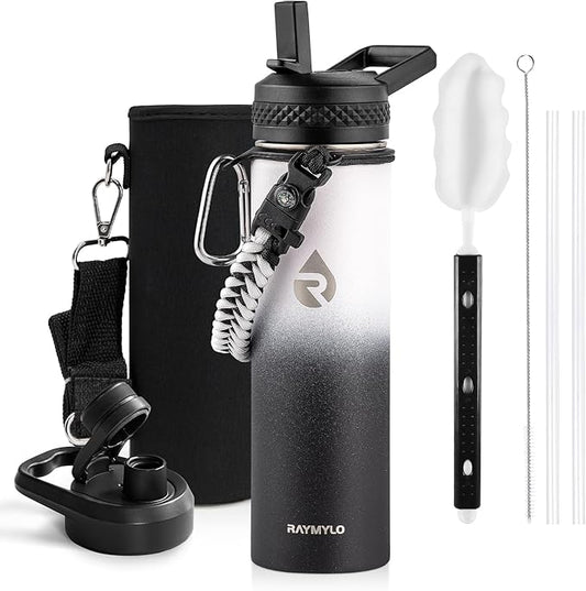 Insulated Water Bottle 20 oz, Triple Wall Vacuum Stainless Steel (Cold for 48 Hrs), Leak Proof & Non-BPA, Kids Water Bottle Jug for School with Straw Spout Lids, Ombre: White/Black-FlexoryFit