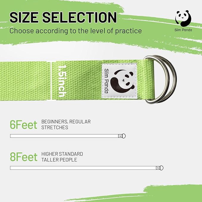 Slim Panda Yoga Strap for Stretching,Cotton Yoga Strap with Adjustable D-Ring Buckle,Non-Elastic Yoga Belt for Pilates,Gym Workouts,Physical Therapy,Improve Flexibility-FlexoryFit