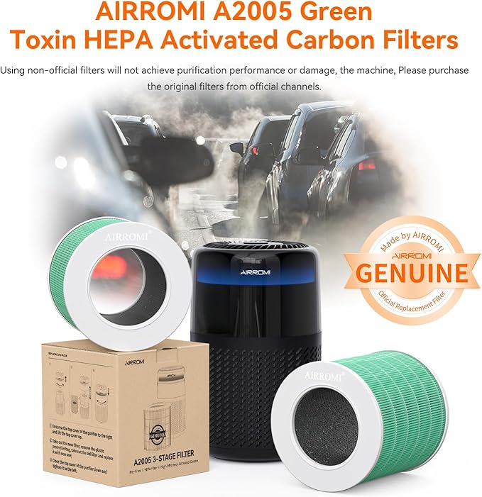 AIRROMI A2005 HEPA Air Purifier Replacement Filter, 3-In-1 Original Filter, Remove 99.97% of 0.3 Micron Particle 1 Pack (Green)