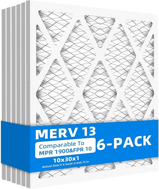 (6 Pack) 10x30x1 Air Filters, MPR 1900 & FPR 10, MERV 13 Pleated Air Filter (Actual Size: 9.75" x 29.75" x 0.75")