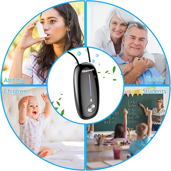 Portable Air Purifier,Timeage Personal Air Purifier Necklace, Wearable Mini Air Ionizer Eliminates Pollen,Smoke,Dust for Outdoor,Travel(Black)
