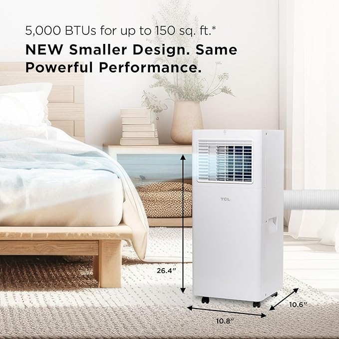 TCL 5,000 BTU Smart Portable Air Conditioner, Fan & Dehumidifier, 150 Sq. Ft., Ultra-Compact Design, Remote Control, Works with Alexa/Google Assistant, Install Kit Included – H5P44W