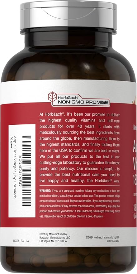 Horbaach Apple Cider Vinegar Capsules | 1800mg | 180 Count | Non-GMO, Gluten-Free Supplement | by Berkshire Labs-FlexoryFit
