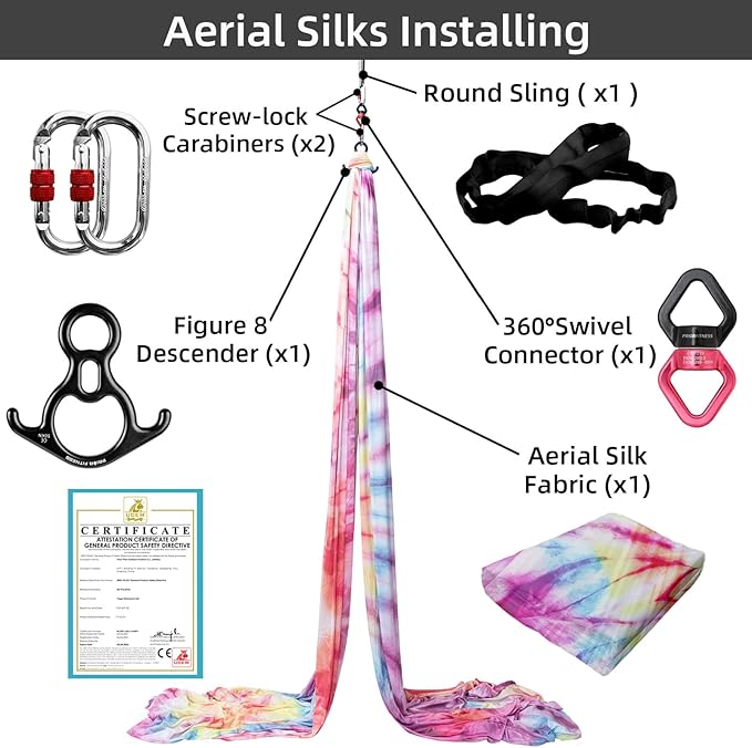 PRIOR FITNESS Aerial Silks Kit Colorful 9/15/20 Yards 40D Nylon Fabric Hammock Set With Hardware & Guide for All Levels Of Aerial Yoga Practice and Acrobatic Flying For Adults Aerial silk-FlexoryFit
