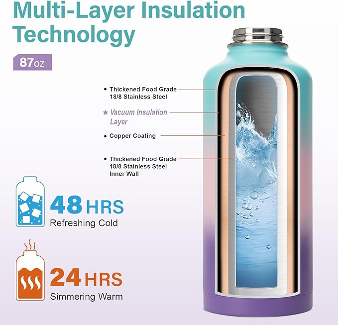 Insulated Water Bottle | Thickened Stainless Steel for Gym and Hiking with Straw, Carrier Bag, Handle Strap | BPA-Free 87 oz-FlexoryFit