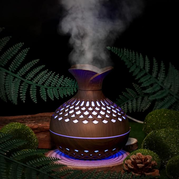 Portable Mini Humidifier, 300ml Small Humidifiers Wooden Vase Flower Aroma Diffuser, Quiet Cool Mist Humidification for Baby Bedroom Travel Office, USB Powered, Colorful Light, Darkwood