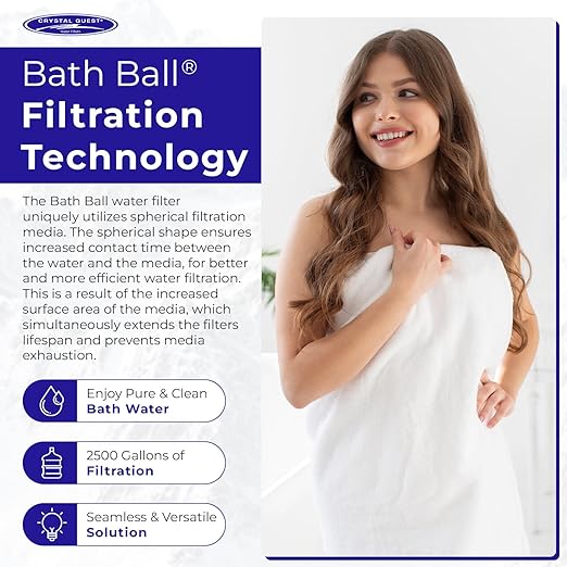 Crystal Quest Bath Ball Water Filter for Bathtub - 3-Stage Filtration, Removes Chlorine, Chloramine & Byproducts, 2,500 Gallons, BPA Free, pH Balanced Water, Fits Most Tubs, Easy Install - White