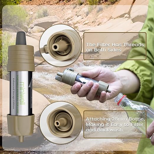 Miniwell L630 Portable Water Filter with Upgraded Vacuum Packaging - 25 Year Storage, Long Lasting and Versatile Usage Options, Single