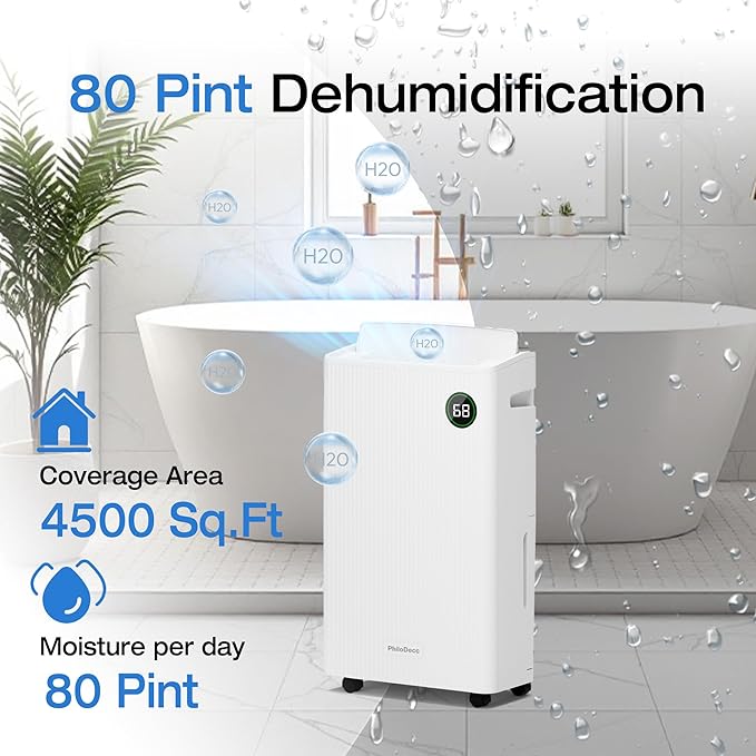 PHILODECO 80 Pint 4500 Sq.Ft Dehumidifier with Drain Hose, Automatic Defrosting, Intelligent Humidity Control with 24HR Timer, Smart Quiet Dehumidifier, for Basement, Bathroom, Bedroom, Home, White