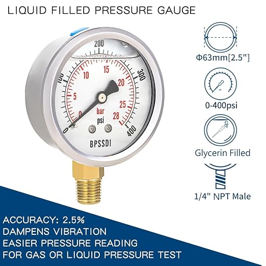 0-400 Psi Glycerin Liquid Filled Pressure Gauge, 2.5" Dial Size, 1/4" NPT Lower - Image 2