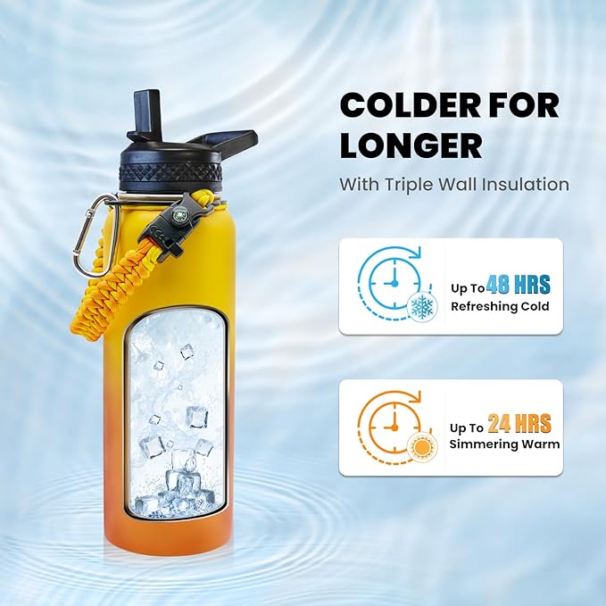 Insulated Water Bottle 40 oz, Triple Wall Vacuum Stainless Steel (Cold for 48 Hrs), Leak Proof & Non-BPA, Modern Water Flask Jug with Paracord Handle & Straw Spout Lids, Ombre Orange-FlexoryFit
