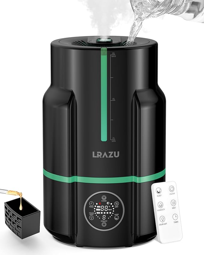6L Smart Cool Mist Humidifier, Modern Black for Large Bedroom, Ultra Quiet 22dB with Humidistat, 50H Runtime, Top Fill, Oil Diffuser and Remote Control