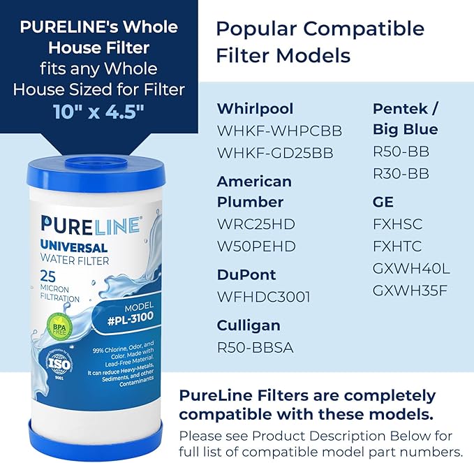 Pureline FXHTC 25 Micron 10" x 4.5" Replacement for GE FXHTC, GXWH40L, Culligan RFC-BBSA, W50PEHD, GXWH40L, GXWH35F, GNWH38S, DuPont WFHD13001, Pentair Pentek R50-BB, NSF 372 and NSF 42 Certification
