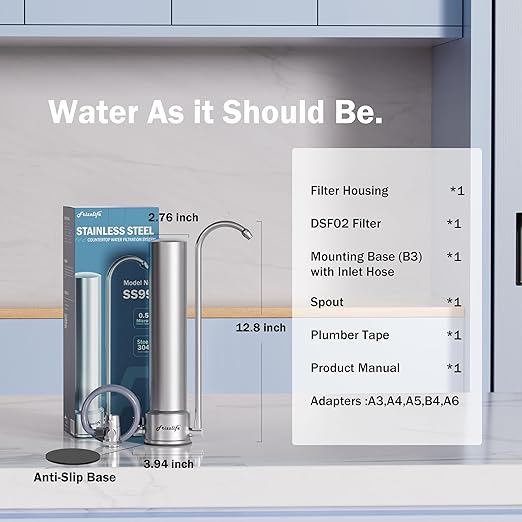 Frizzlife SS99 Countertop Water Filter System, 0.5 Micron NSF Certified 6-Stage Reduces 99.99% Lead, Chlorine, Heavy Metals, Bad Taste & Odor, Stainless Steel Faucet Water Filtration for 8000 Gallons