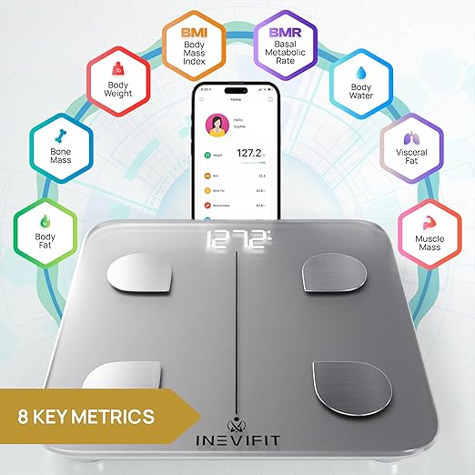 INEVIFIT Smart Body Fat Scale, Highly Accurate Bluetooth Digital Bathroom Body Composition Analyzer, Measures Weight, Body Fat, Water, Muscle, Visceral Fat & Bone Mass for Unlimited Users (Silver)-FlexoryFit