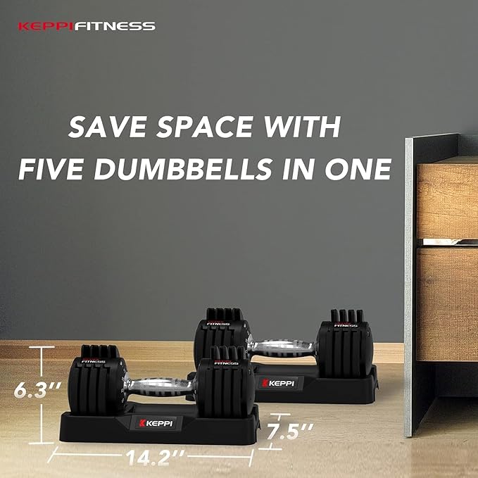 Keppi Adjustable Dumbbells Set-25lb/40lb/55lb/60lb, Anti-Slip Metal Fast Adjust Weight Handle, Exercise & Fitness for Full Body Workout - Adjustable Dumbbell Series-FlexoryFit