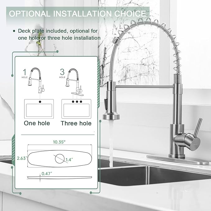 WEWE Kitchen Faucets, Brushed Nickel Kitchen Faucet with Pull Down Sprayer, Industrial Spring Single Handle Stainless Steel Kitchen Sink Faucet with Deck Plate, 1 Hole or 3 Hole for Laundry Rv
