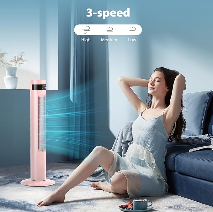 Antarctic Star Tower Fan Portable Floor Fans 85°Oscillating Fan 36'' Quiet Cooling 12H Timer Remote Control Standing Bladeless Electric 3 Speeds Wind 3 Modes Bedroom Office(36 inch, Pink)