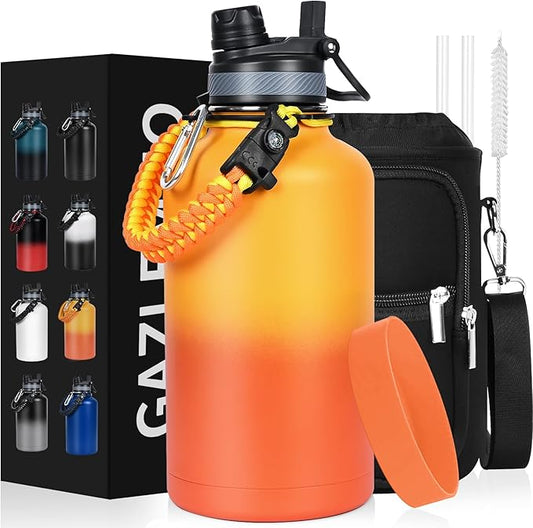 Insulated Water Bottle 64 oz, Half Gallon Water Jug Cold 48H, BPA Free Stainless Steel Bottles with Straw/Chug 2-in-1 Lid, Bag, Paracord Handle, Silicone Boot, Sports Gym School Metal Flask-FlexoryFit