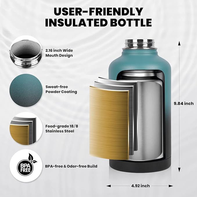 Insulated Water Bottle 64 oz, Triple Wall Vacuum Stainless Steel (Cold for 48 Hrs), Leak Proof & Non-BPA, Half Gallon Water Flask Jug with Paracord Handle & Straw Spout Lids-FlexoryFit