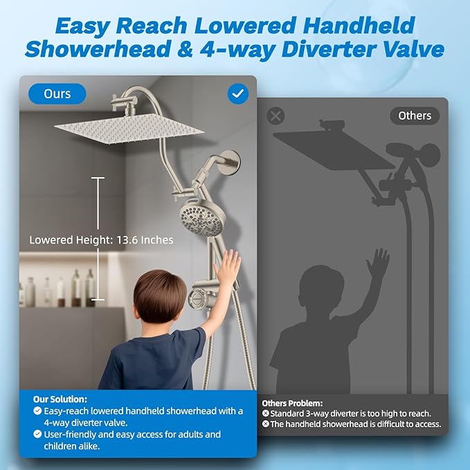 Hibbent Upgraded All Metal 12" Rainfall Showerhead Combo, High Pressure Shower Head with 10-Spray Mode Handheld, 4-way Diverter with Pause Mode, 71'' Shower Hose and Handheld Holder, Brushed Nickel