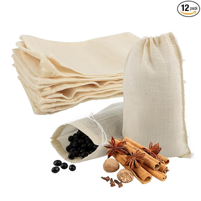 AUEAR, Reusable Drawstring Cotton Soup Bags Coffee Chinese Medicine Tea Bag Brew Straining Herbs Cheesecloth Bone Broth Gravy Stew (12 Pack, 4"x6")