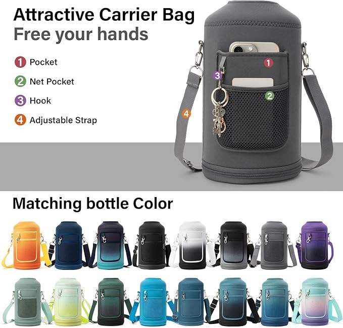 1 Gallon Water Bottle Insulated | Thickened Stainless Steel Vacuum Metal Water Jug | Portable Sports Large for Gym and Hiking with Straw, Carrier Bag, Handle Strap | BPA-Free 128 oz-FlexoryFit