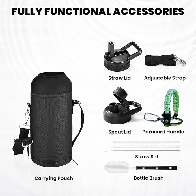 Insulated Water Bottle 32 oz, Triple Wall Vacuum Stainless Steel (Cold for 48 Hrs), Leak Proof & Non-BPA, Modern Water Flask Jug with Paracord Handle & Straw Spout Lids, Ombre Green-FlexoryFit