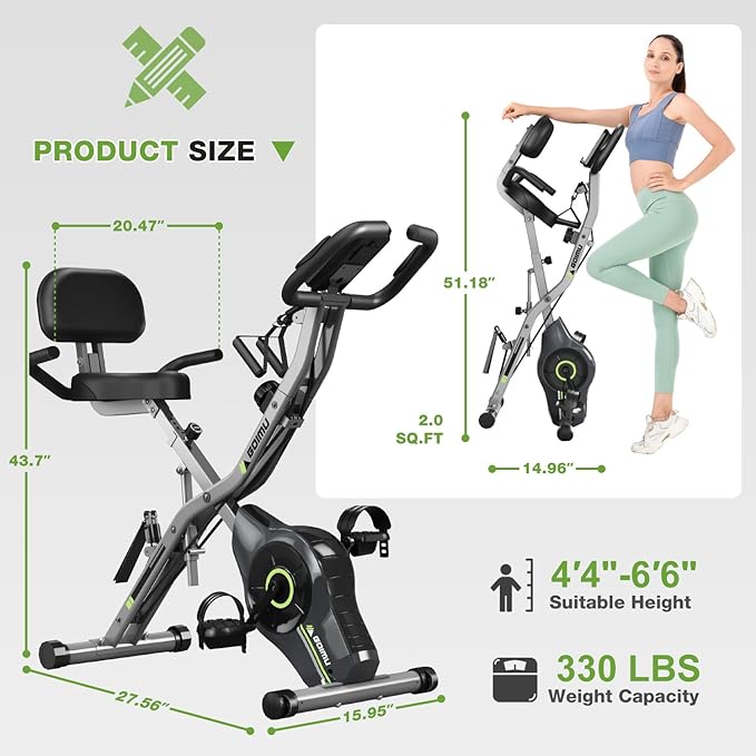 Exercise Bike, 5 in 1 Foldable Stationary Bike for Seniors, 16-Level Adjustable Magentic Resistance, Indoor Workout Bike with 330LB Capacity, Comfortable Seat Backrest X-bike-FlexoryFit