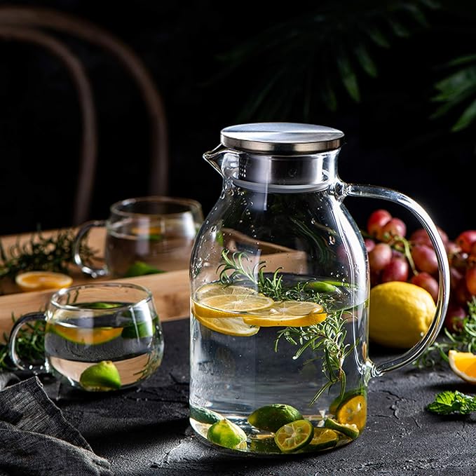 88oz Glass Pitcher with Lid and Handle - High Heat Resistance Glass Water Pitcher for Hot/Cold Water & Iced Tea (2.6L)