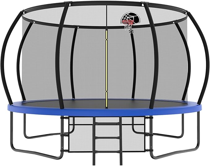 10 12 14 15 16FT Outdoor Trampolines for Kids and Adults, Pumpkin Trampoline with Curved Poles, Recreational Trampoline with Basketball Hoop and Safety Enclosure Net for Kids and Adults-FlexoryFit