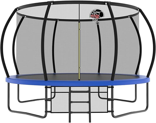 10 12 14 15 16FT Outdoor Trampolines for Kids and Adults, Pumpkin Trampoline with Curved Poles, Recreational Trampoline with Basketball Hoop and Safety Enclosure Net for Kids and Adults-FlexoryFit