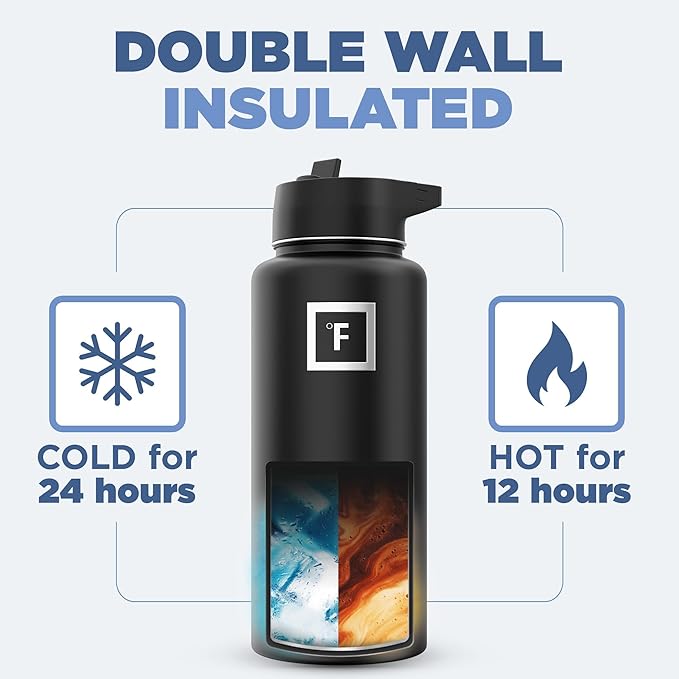 IRON °FLASK Camping & Hiking Hydration Flask with 3 Lids - Stainless Steel, Double Walled & Vacuum Insulated Water Bottle - Leak Proof & BPA Free 32 Oz