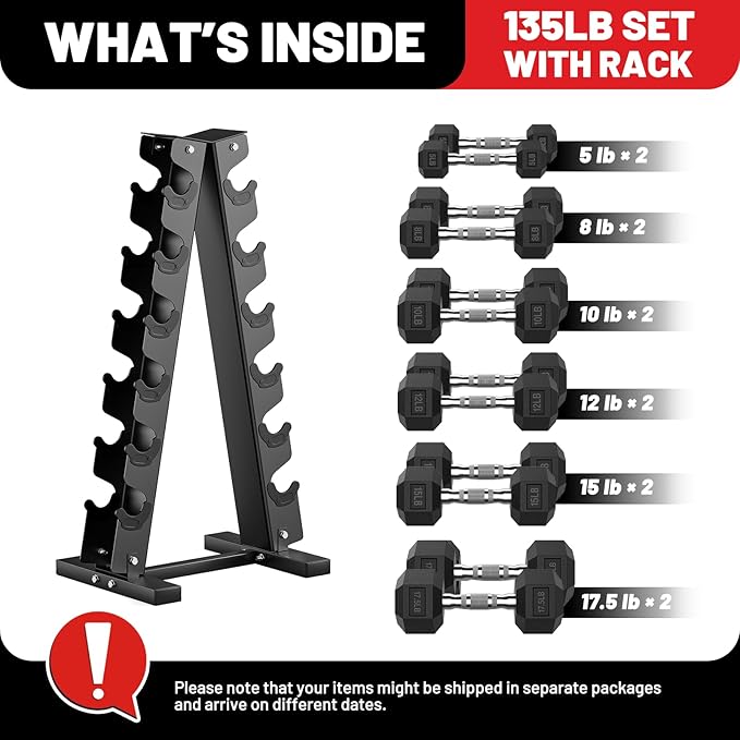 PAPABABE Hex Dumbbell Sets with Rack, 60-550lb Rubber Coated Dumbbell Weight Set and Storage Rack, Multiple Options Hand Weights for Strength Training-FlexoryFit