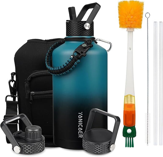 Insulated Water Bottle 64oz,Triple Wall Vacuum Stainless Steel(Dishwasher Safe),Leak Proof & Non-BPA,Flask Jug with Paracord Handle & Straw Spout Lids Sports-FlexoryFit