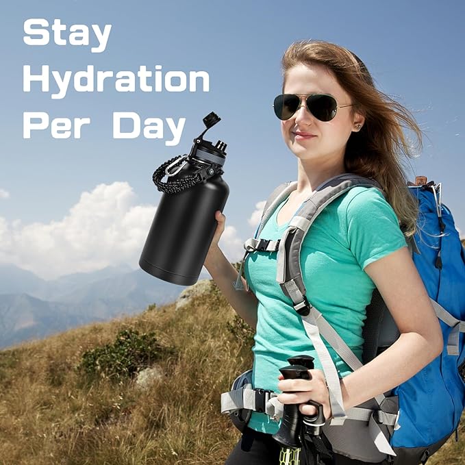 Insulated Water Bottle 64 oz, Half Gallon Water Jug Cold 48H, BPA Free Stainless Steel Bottles with Straw/Chug 2-in-1 Lid, Bag, Paracord Handle, Silicone Boot, Sports Gym School Metal Flask-FlexoryFit