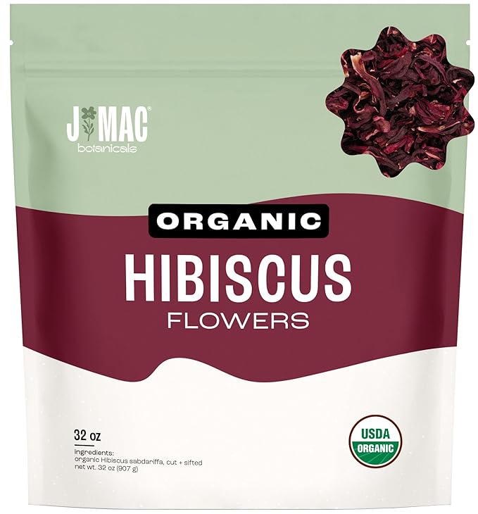 J MAC BOTANICALS Certified Organic Hibiscus Flower (2 Pounds), Hibiscus Tea, Cut & Sifted Flowers, Flor de Jamaica-FlexoryFit