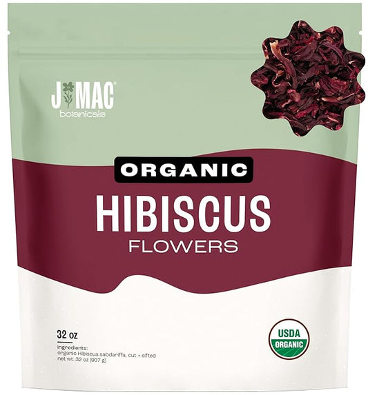 J MAC BOTANICALS Certified Organic Hibiscus Flower (2 Pounds), Hibiscus Tea, Cut & Sifted Flowers, Flor de Jamaica-FlexoryFit
