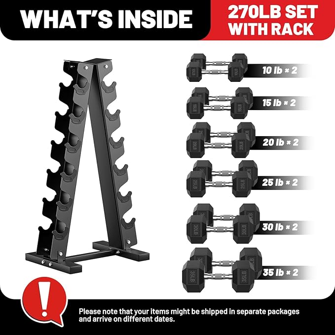 PAPABABE Hex Dumbbell Sets with Rack, 60-550lb Rubber Coated Dumbbell Weight Set and Storage Rack, Multiple Options Hand Weights for Strength Training-FlexoryFit