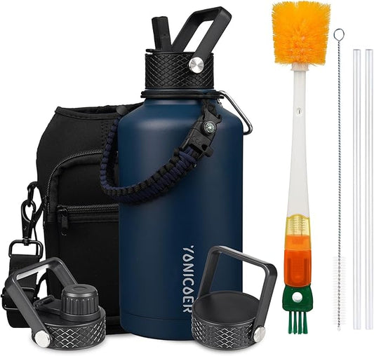 Insulated Water Bottle 64oz,Triple Wall Vacuum Stainless Steel(Dishwasher Safe),Leak Proof & Non-BPA,Flask Jug with Paracord Handle & Straw Spout Lids Sports-FlexoryFit