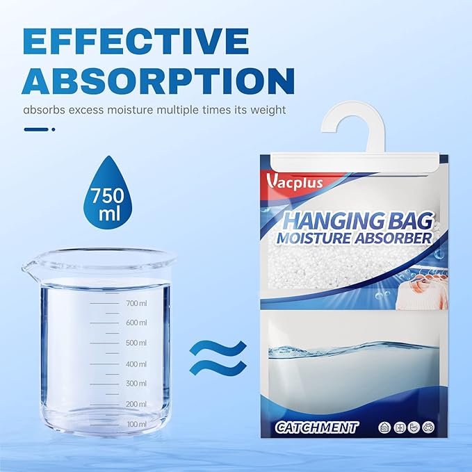 Vacplus Moisture Absorber, 10 Pack Portable Dehumidifiers for Closet and Enclosed Space, 14 OZ Dehumidifier Bags Effectively Trap Extra Moisture, Hanging Moisture Absorbers Eliminate Unpleasant Smell