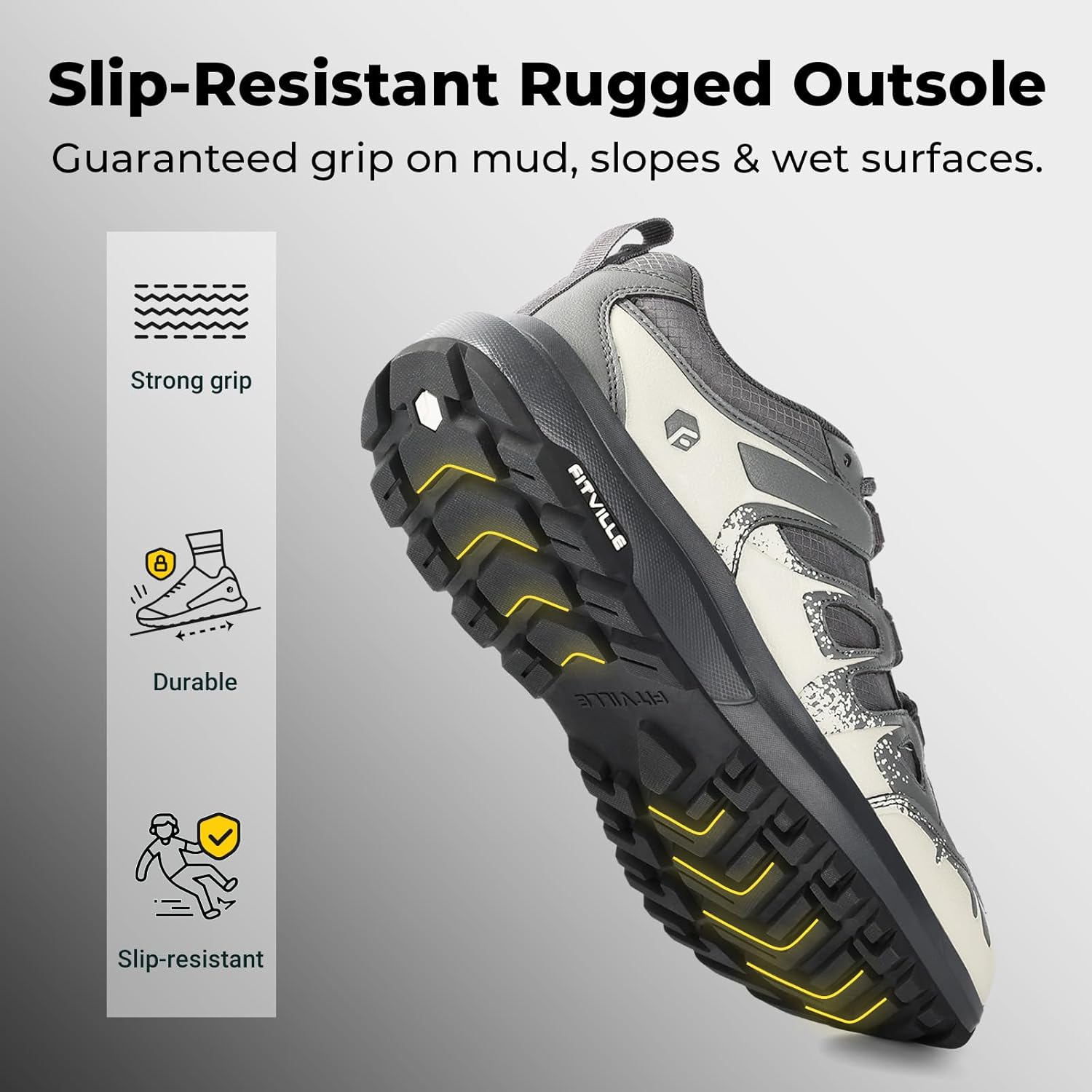 FitVille Men's Wide Hiking Shoes Water Repellent Trekking Trails Outdoor Sneakers Cushioned Lightweight Walking Running Shoes with Arch Support