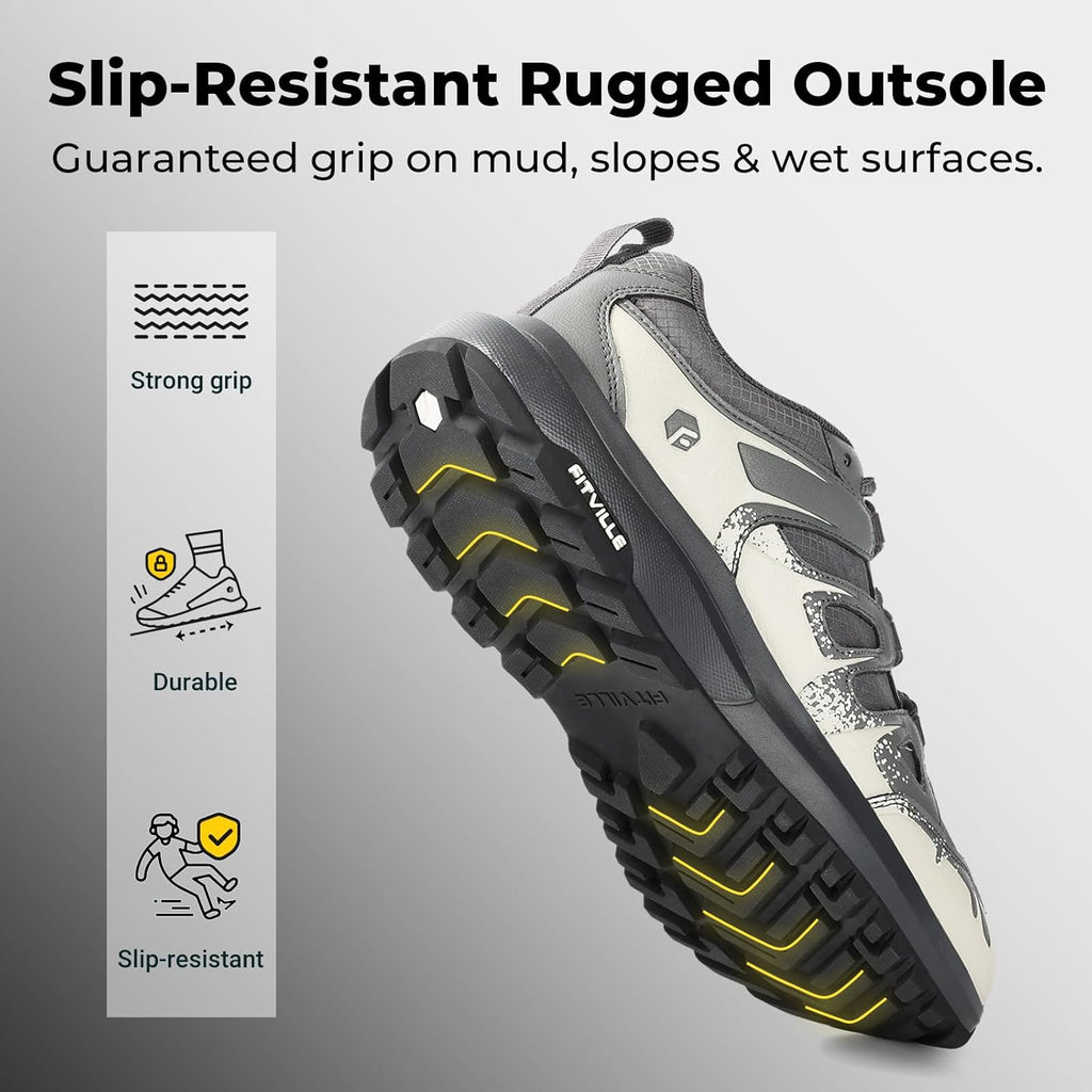 FitVille Men's Wide Hiking Shoes Water Repellent Trekking Trails Outdoor Sneakers Cushioned Lightweight Walking Running Shoes with Arch Support