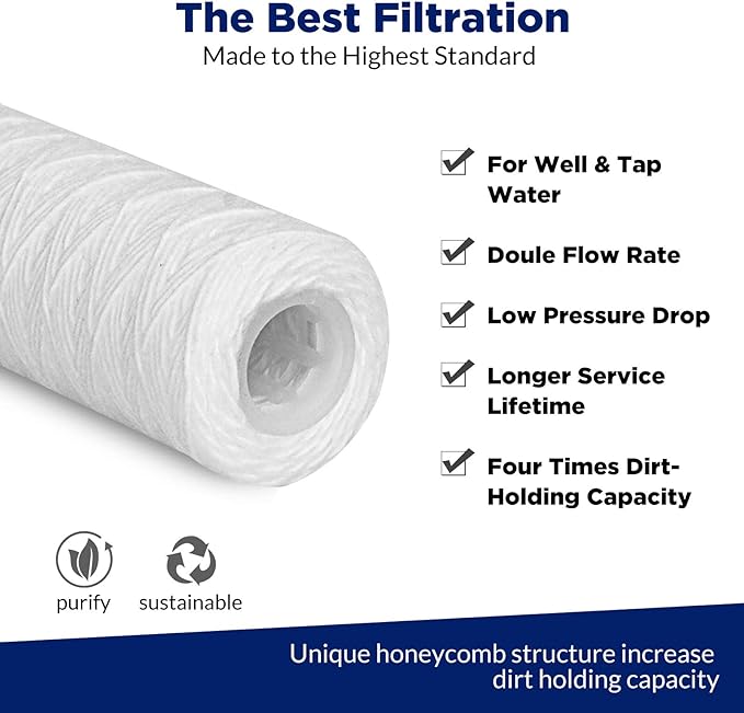 42 Pack of 10 Micron 10"x2.5" String Wound Whole House Water Filter Replacement Cartridge by Membrane Solutions, Universal Sediment Filters for Well Water, Compatible with WFPFC4002, CW-F, CW-MF, WP-5