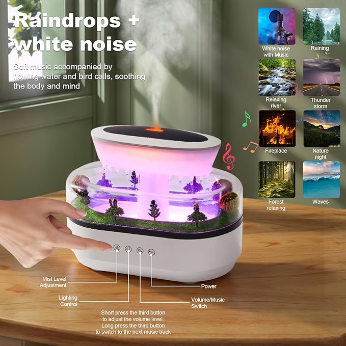 Cloud Rain Humidifier Water Drip, 7 Colors Rainfall Humidifier with Rain Sounds, 250ml Microlandscape Raindrop Essential Oil Aromatherapy Diffuser for Bedroom, Silent Rain Lamp, Timing, Auto-Off