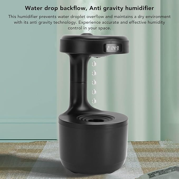 Anti Humidifier, 800ml Hovering Water Drop Backflow Creative Humidifier Quiet USB Powered Mist Humidifier with Night Light and LED Clock Display for Home Office