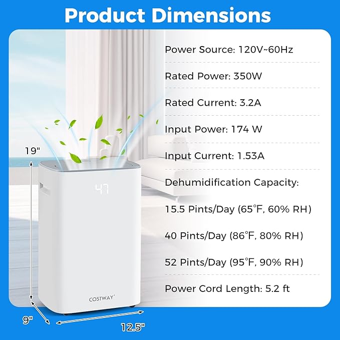 COSTWAY 52 Pint Dehumidifier for Basement, 3.3 FT Drain Hose, Clothes Drying Modes, Auto Defrost, Child Lock & 24H Timer, Home Dehumidifier for Bedroom, Bathroom, Garage